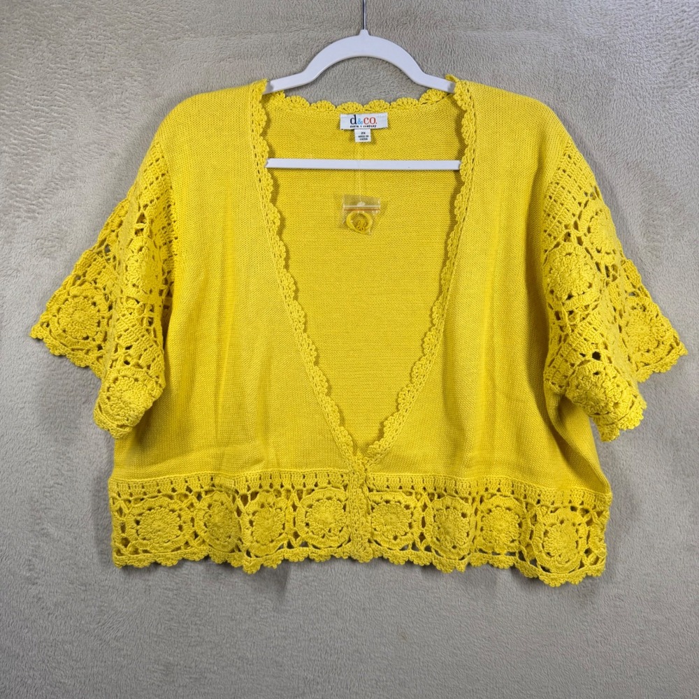 Denim & Co. Crochet Cardigan Womens 2X Yellow Short Shrug Boho Knit 5450